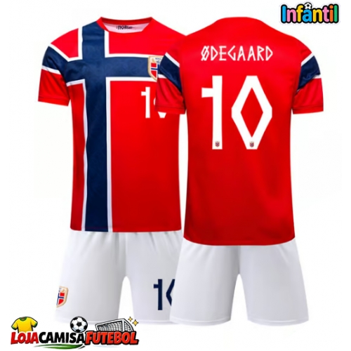 Camisa de Futebol Noruega Martin Odegaard #10 Equipamento Principal Infantil Mundo 2026 Manga Curta (+ Calças curtas)